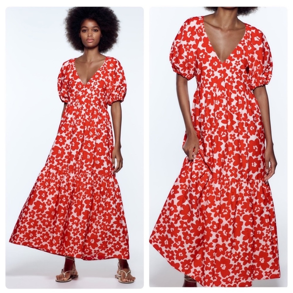 NWT Zara Floral Printed 100% Cotton Puff sleeve poplin Dress size XL